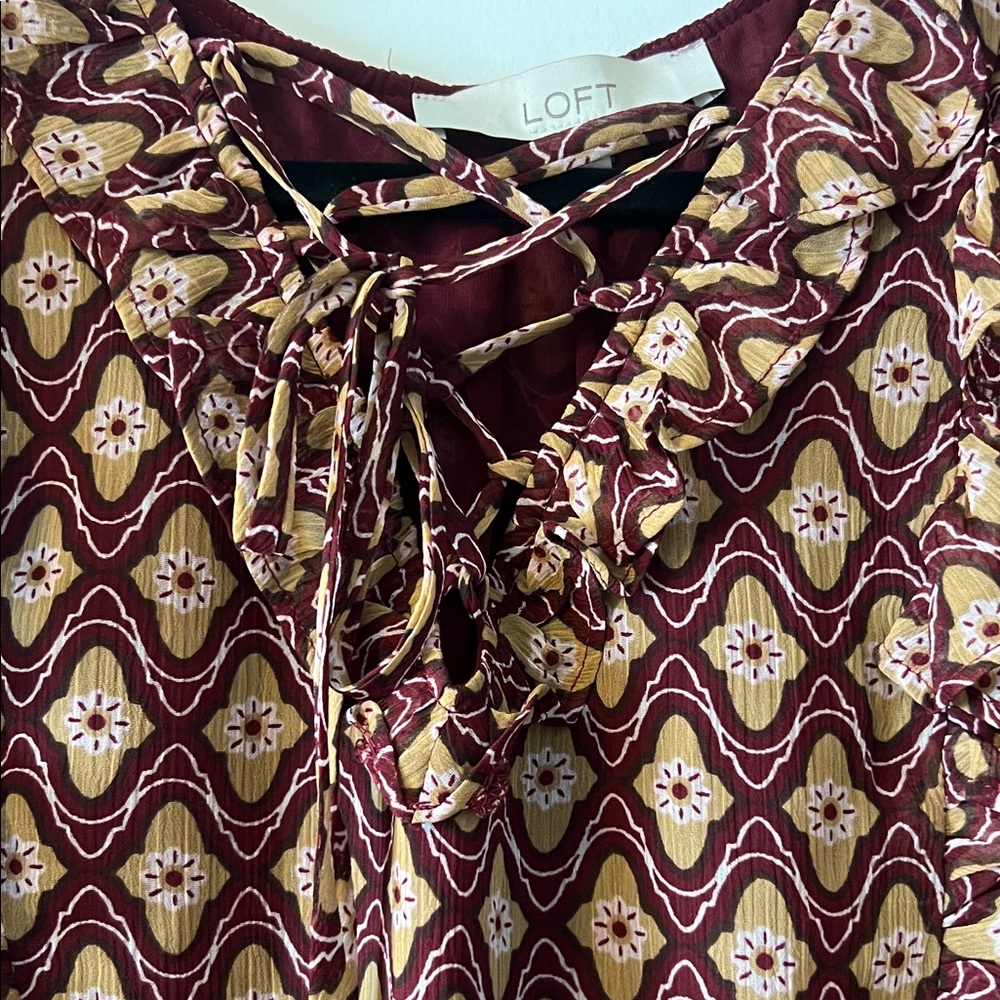 LOFT Burgundy and Cream Patterned Blouse - Picture 2 of 3